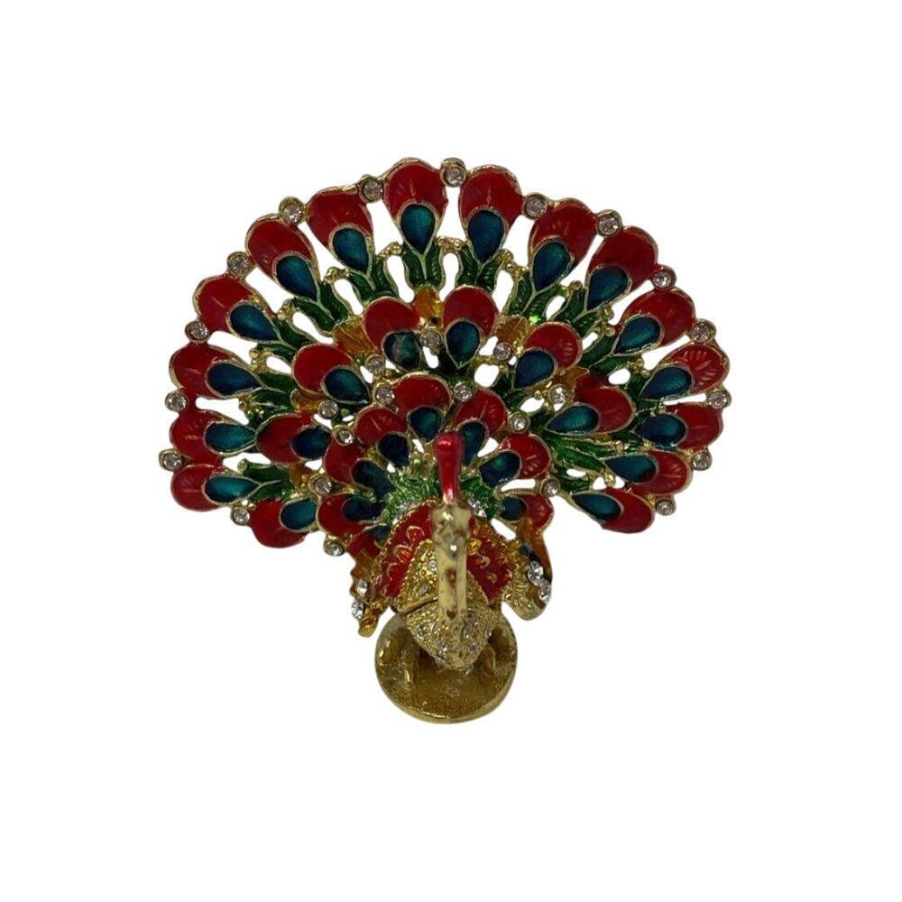 Jeweled Enamel Metal Peacock Trinket Box with Hidden Compartment Vintage